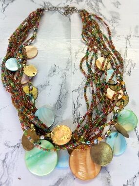 Mother of Pearl Multi-Color Strand Beaded Disc Statement Necklace